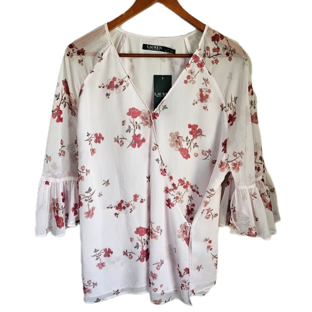 Lauren Ralph Lauren Floral Chiffon Wrap Top Women's 1X Ruffle Bell Sleeves Sheer - Picture 2 of 13